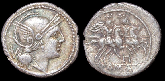 Cr. 85/1a Anonymous "H" series quinarius, 211-210 B.C., Apulian mint