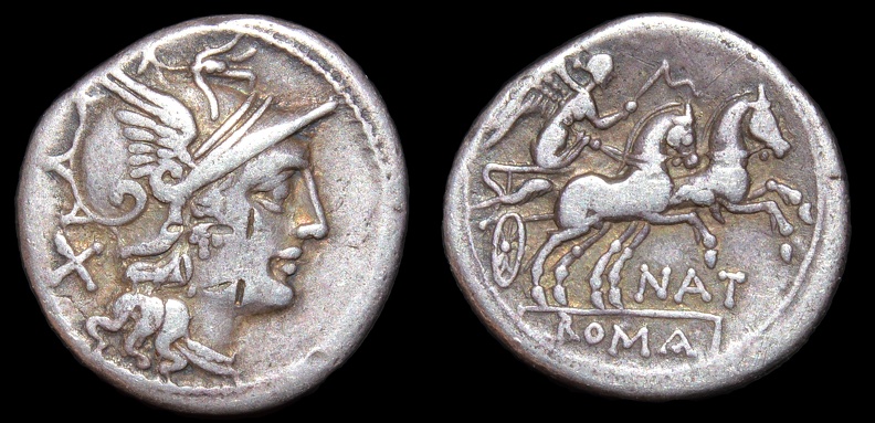 Cr. 200/1 "NAT" series(Pinarius Natta?) AR denarius, 155 B.C.