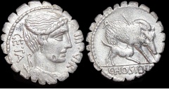 Cr. 407/1 C. Hosidius C.f. Geta AR denarius serratus, 68 B.C.