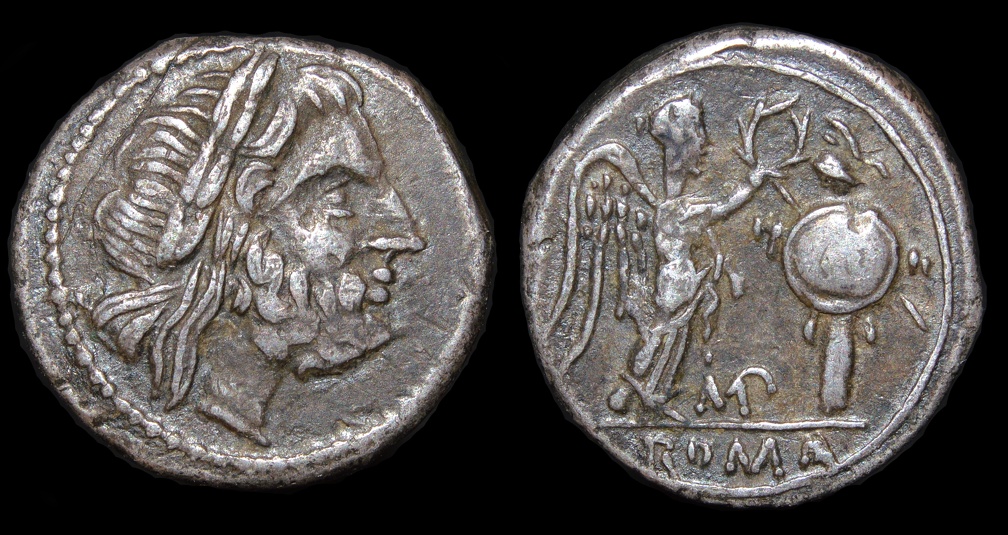 Cr. 93/1a "MP"(Metapontum?) series Victoriatus, 211-208 B.C., uncertain mint