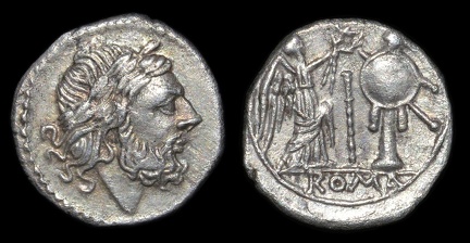 Cr. 106/1 Anonymous "staff" series AR victoriatus, 209-208 B.C., Spanish mint