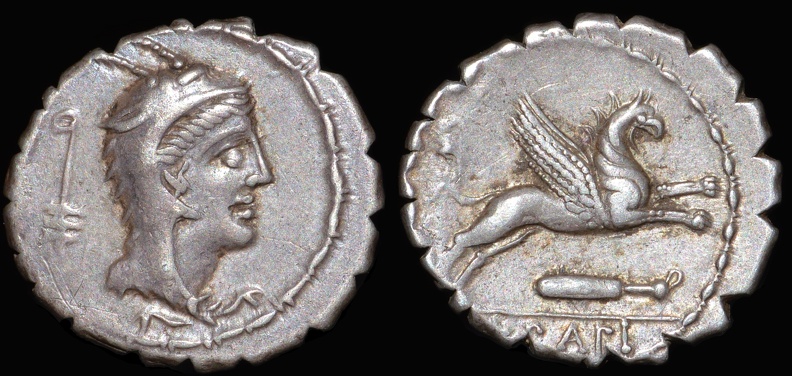 Cr. 384/1 L Papius AR serrate denarius, 79 BC, Rome mint