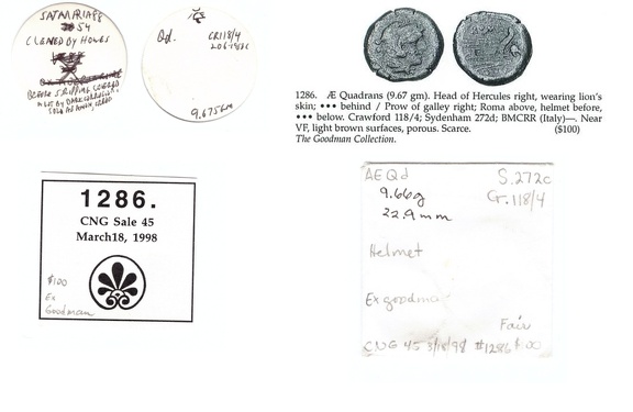 Cr. 118/4 "helmet" quadrans CNG 45 tag and scan, Goodman tag, RBW envelope