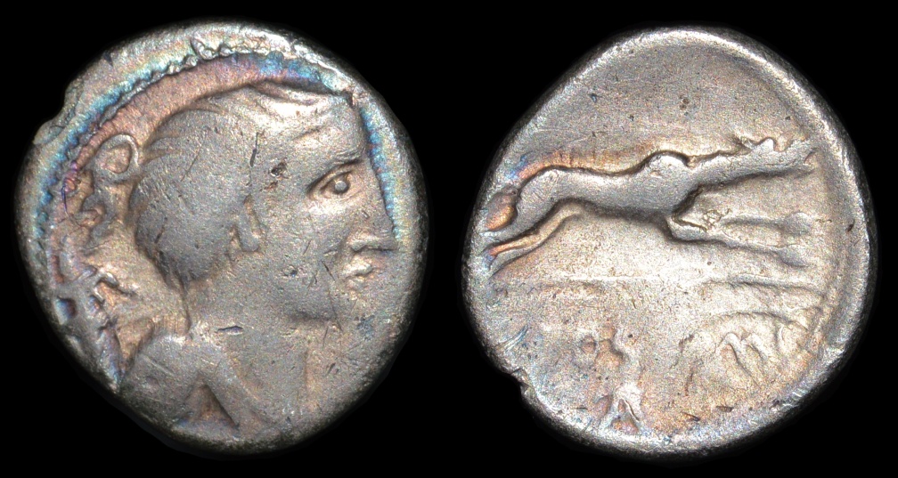 Freeman 24, cf. Cr 394/1a, Eraviscan imitation of denarius of C Postumius, circa 50-20 B.C.