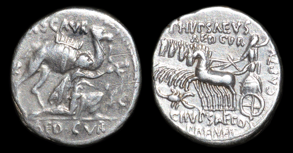 Cr. 422.1-(1a obverse/1b reverse hybrid), M. Aemilius Scaurus and P. Plautius Hypsaeus AR denarius, 58 BC