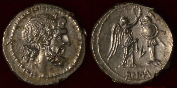 Cr. 97/1b, "L" victoriatus, Luceria, 211-208 B.C.