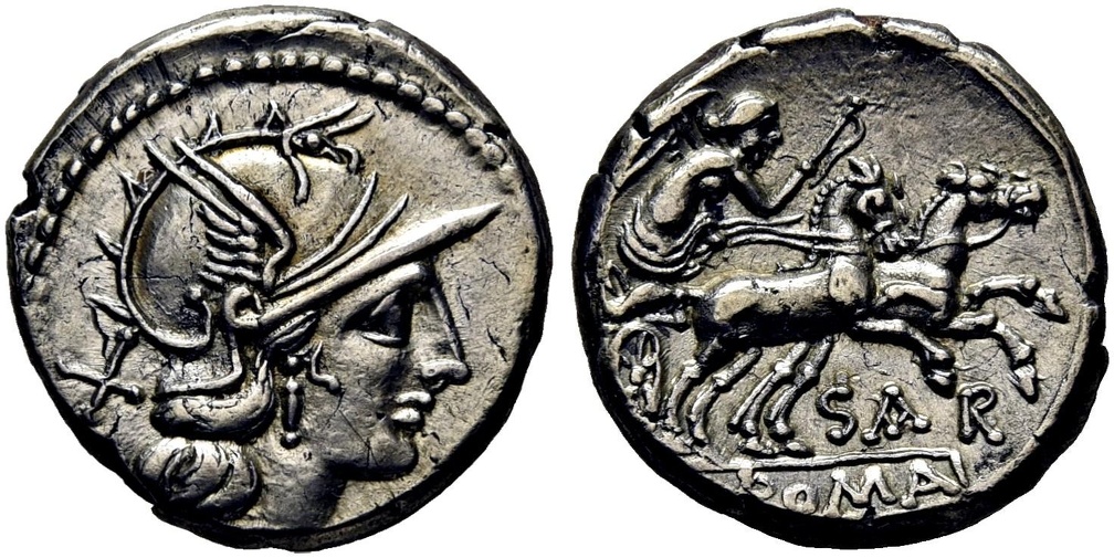Cr. 199/1a "SAR" series(Sextus Atilius Saranus?) AR denarius, 155 B.C.