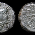 Cr. 69/6 "Corn-ear KA" sextans overstruck on Hieron II Poseidon/trident, 207-206 B.C., Sicilian mint