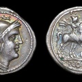 Cr. 85/1a anonymous "H" series AR quinarius, later style, 212-196 B.C., Apulian mint