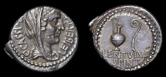 Cr. 500/5 Cassius with Lentulus Spinther AR Denarius, late 43-early 42 B.C., military mint(Smyrna?)
